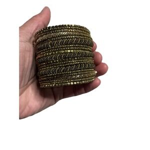 Beaded Gold And Gray Fantasy Cuff Bracelet 2" Stretch